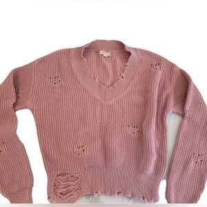 Elan Pink Distressed V-Neck Ribbed Sweater- 100% cotton